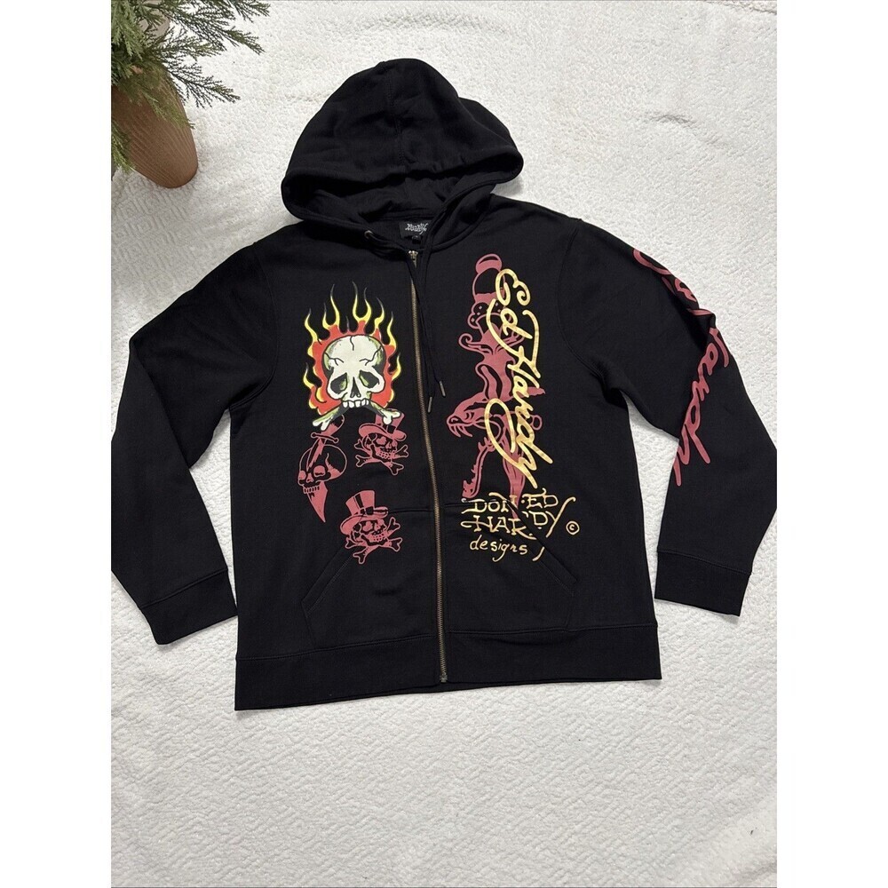 Ed Hardy Skull Flames Full Zip Fleece Black Hoodie Sweatshirt Mens Large NWT